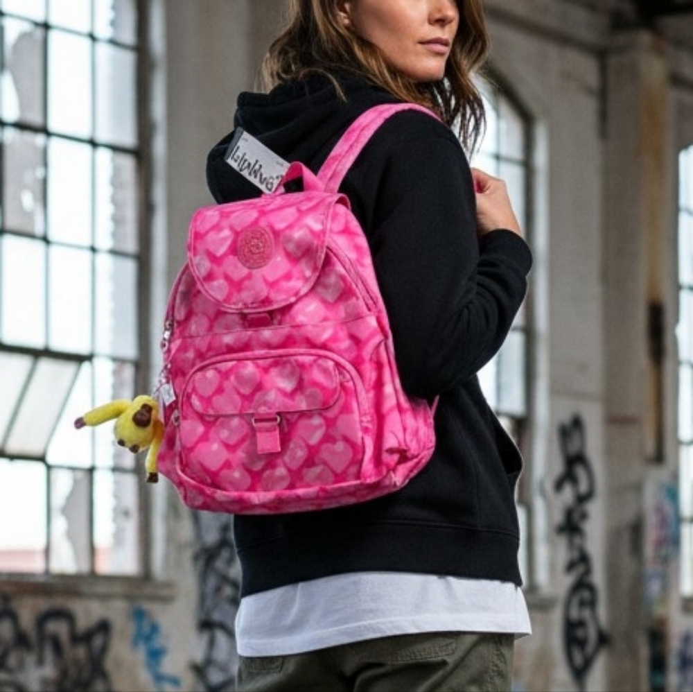 Kipling Pink Heart Queenie Backpack with Keychain NEW NWT